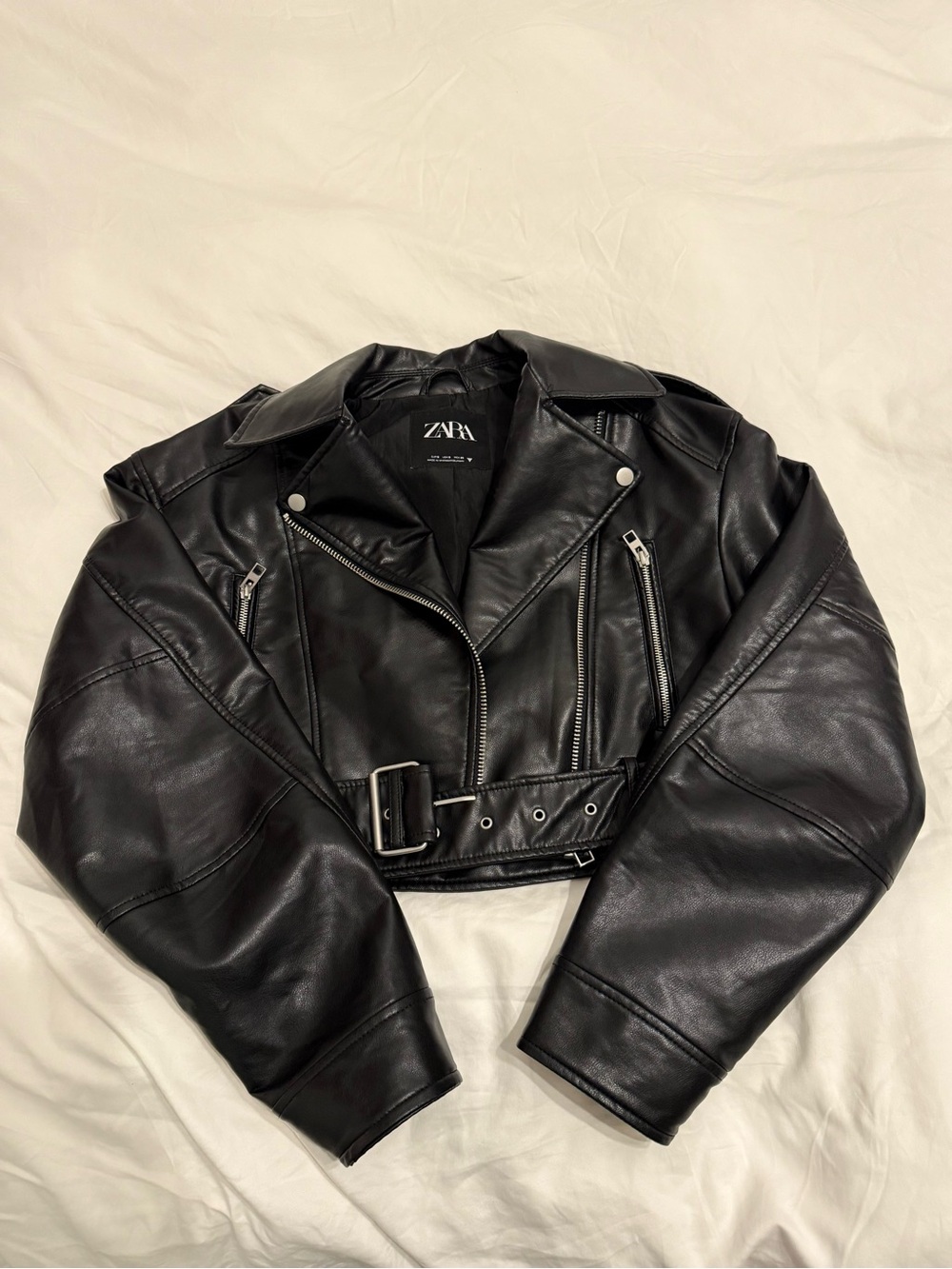 Zara Black Faux Leather Cropped Oversized Biker Jacket